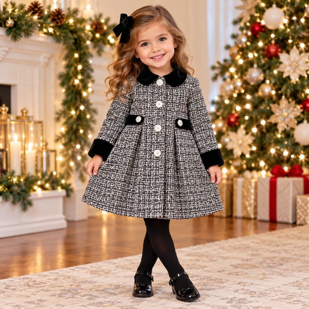 BLUEBERI BOULEVARD GIRLS 3T BLACK WHITE TWEED DRESS COAT PETER PAN COLLAR